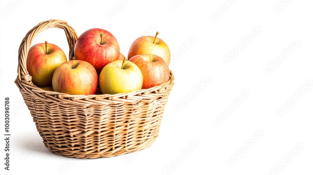 A woven basket filled with red and green apples, showcasing fresh fruit. A woven basket filled with red and green apples, showcasing fresh fruit.