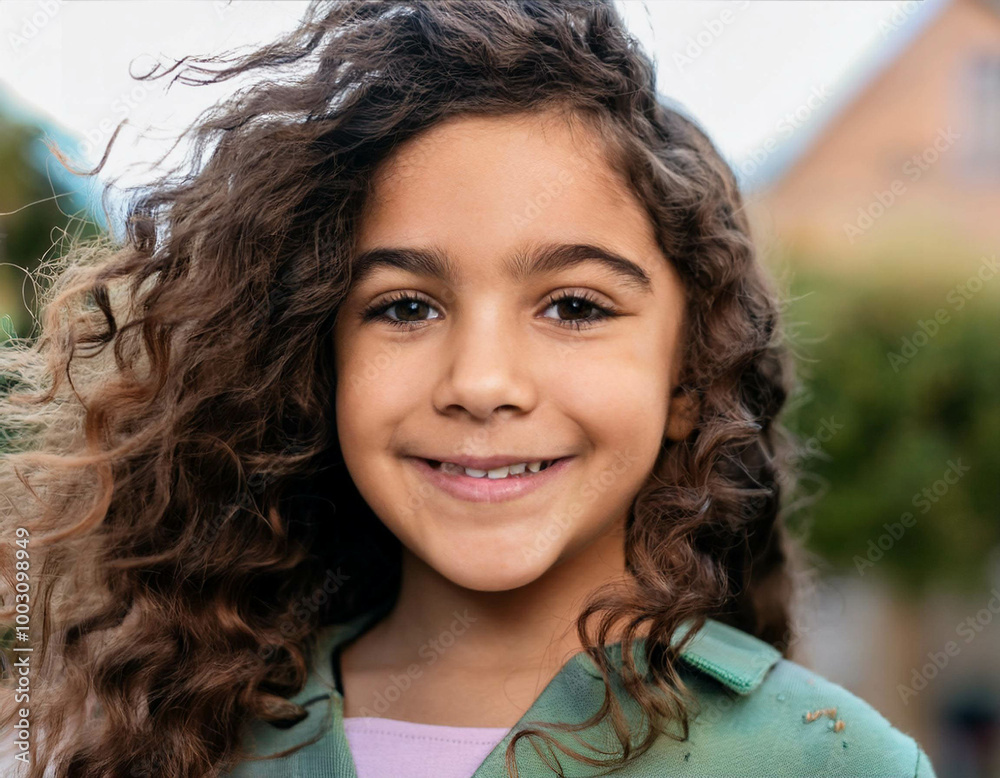 A close-up portrait of a young girl with expressive eyes, her curly hair blowing in the wind