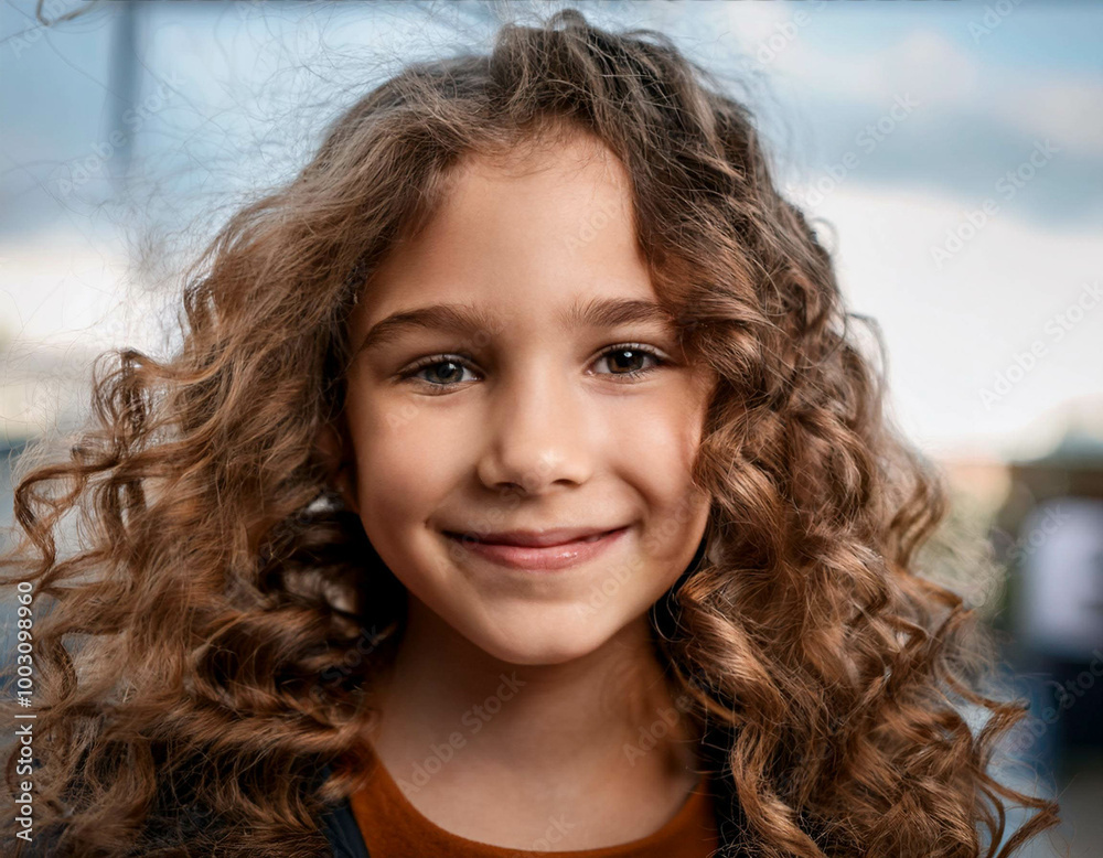 A close-up portrait of a young girl with expressive eyes, her curly hair blowing in the wind A close-up portrait of a young girl with expressive eyes, her curly hair blowing in the wind