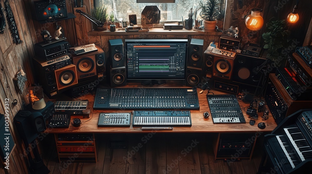 Home studio flat design top view recording animation Triadic Color Scheme