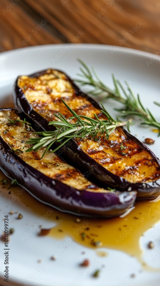 Grilled eggplant with rosemary on a white Grilled eggplant with rosemary on a white
