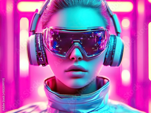 Futuristic portrait of woman in reflective visor goggles, headphones, neon pink and blue lights. Cyb photo