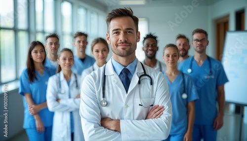 The image captures a group portrait of a male doctor standing confidently at the forefront, flanked by a diverse team of doctors and nurses in a bustling hospital environment photo