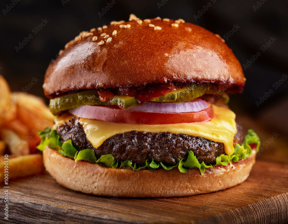 A close-up shot of a gourmet burger with a perfectly grilled patty, melted cheese, fresh let A close-up shot of a gourmet burger with a perfectly grilled patty, melted cheese, fresh let