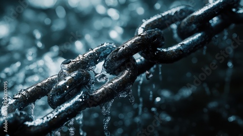 Close-up of a wet metal chain with water splashing in a dramatic, high-contrast scene. Symbolizes strength, connection, and resilience in adversity.