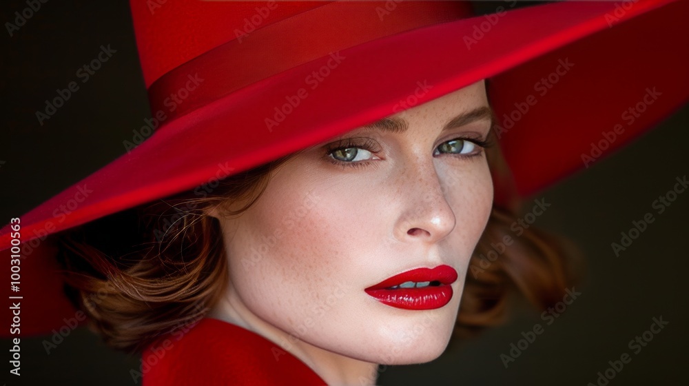 Stunning close up portrait of a female model with flawless skin and red lips in retro hat Stunning close up portrait of a female model with flawless skin and red lips in retro hat