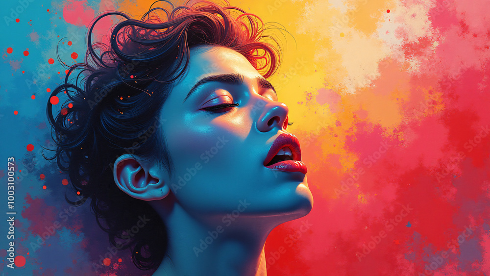 Woman's eyes are closed. Colorful background with vibrant reds and blues. Woman's eyes are closed. Colorful background with vibrant reds and blues.