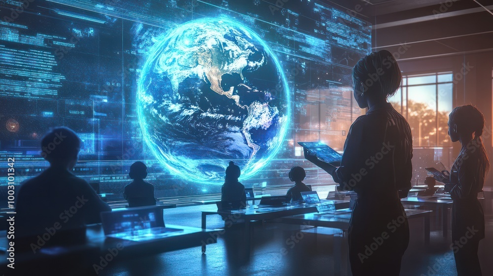 Digital classroom with diverse students studying a holographic Earth, learning about global challenges and solutions, global awareness, education for change Digital classroom with diverse students studying a holographic Earth, learning about global challenges and solutions, global awareness, education for change