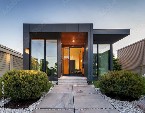 A contemporary home fa ade featuring large glass panels  clean lines  and a minimalist stone