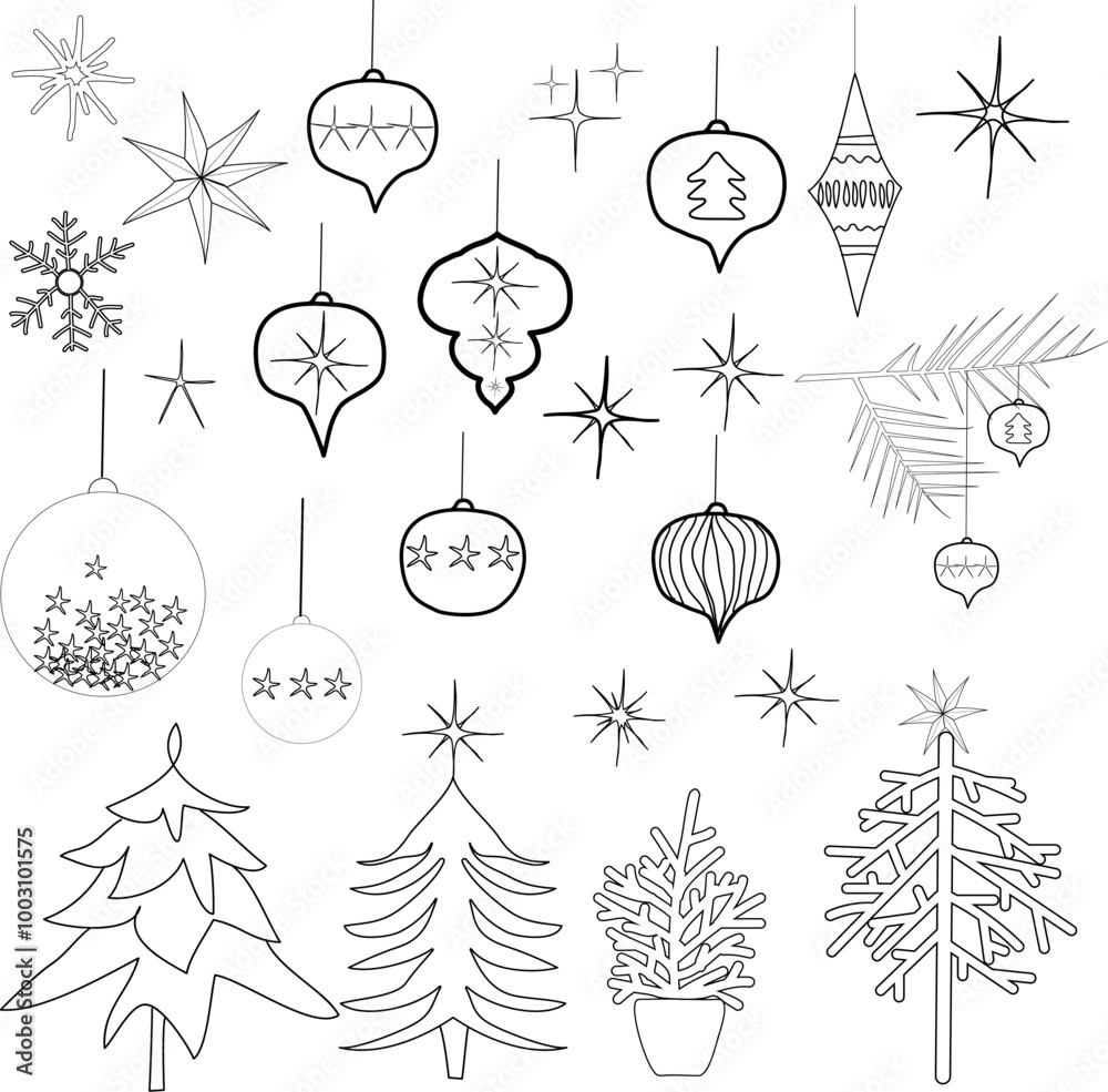 Collection décoration boules étoiles flocon sapins de noël trait noir vecteur