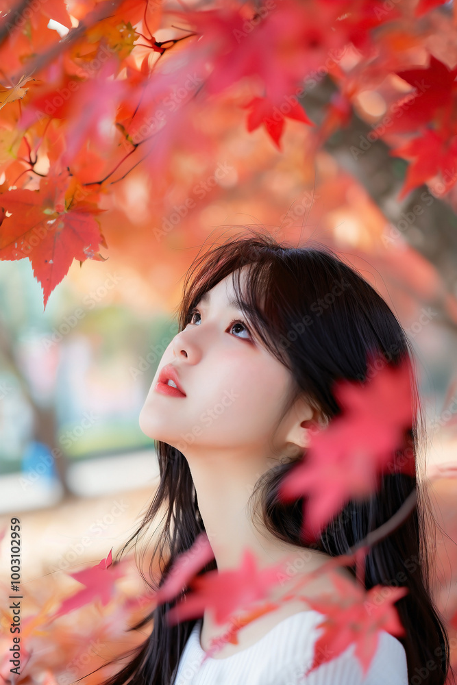 Asian teen female walking under a canopy of autumn leaves, Asian teen female walking under a canopy of autumn leaves,
