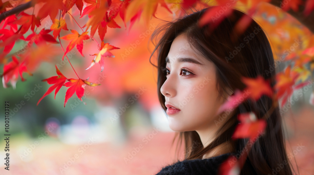 Asian teen female walking under a canopy of autumn leaves, Asian teen female walking under a canopy of autumn leaves,