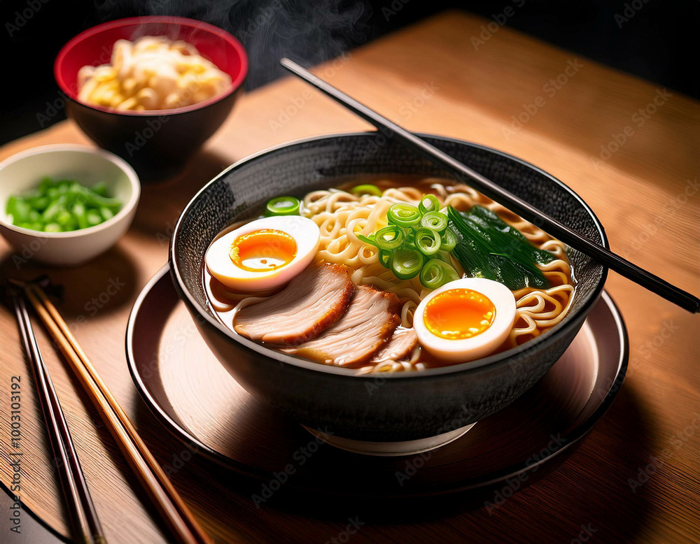 A cozy dinner setting featuring a bowl of steaming ramen with sliced pork, soft-boiled eggs, A cozy dinner setting featuring a bowl of steaming ramen with sliced pork, soft-boiled eggs,