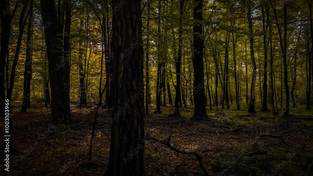 The camera smoothly moves sideways in slow motion through an autumn dark forest. Haloween background The camera smoothly moves sideways in slow motion through an autumn dark forest. Haloween background