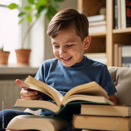 Passionate reader young boy immersed in books with joyful expression photo