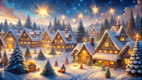 Illustrate a snowy Christmas village with warm lights and twinkling stars overhead.