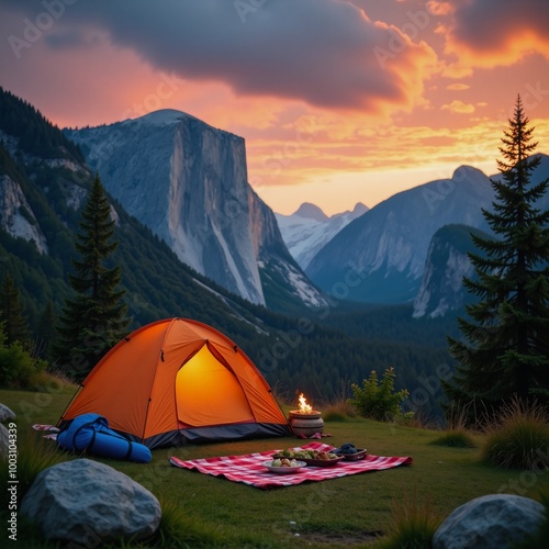 Family camping trip featuring adorable sunset campsite surrounded by mountainous landscapes for nature-filled picnic and hike adventures photo