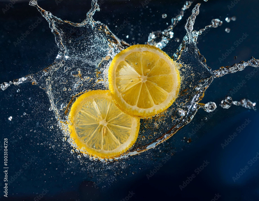 A creative shot of vibrant lemon slices spinning in a burst of sparkling water, with bubbles A creative shot of vibrant lemon slices spinning in a burst of sparkling water, with bubbles