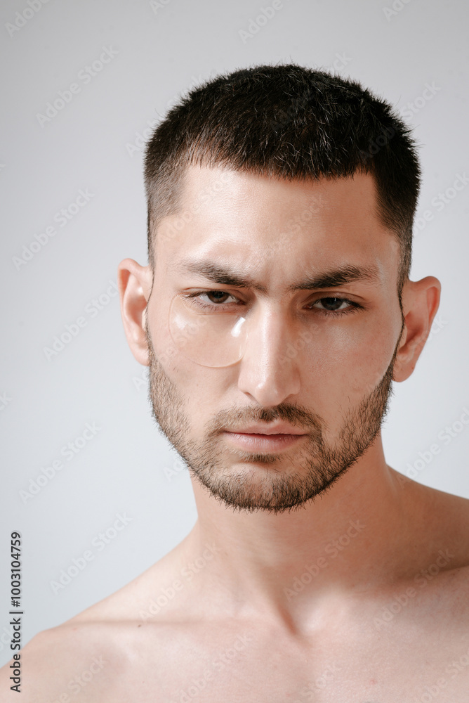 Man facial care skin rejuvenation face eye patches. Man facial care. Skin rejuvenation. Cosmetic product advertising. Satisfied caucasian guy applying collagen gel face eye patches on grey background. Man facial care skin rejuvenation face eye patches. Man facial care. Skin rejuvenation. Cosmetic product advertising. Satisfied caucasian guy applying collagen gel face eye patches on grey background.