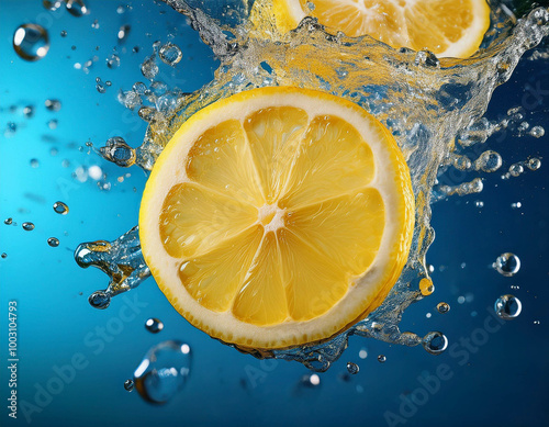 A creative shot of vibrant lemon slices spinning in a burst of sparkling water, with bubbles photo