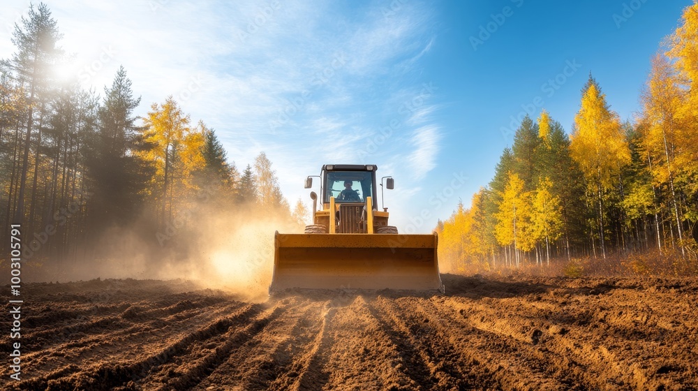 Bulldozer Working in Autumn Landscape with Dust and Trees Bulldozer Working in Autumn Landscape with Dust and Trees