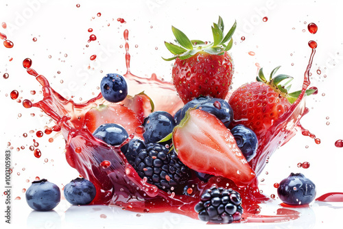 A splash of fruit juice is poured over a bowl of berries and strawberries