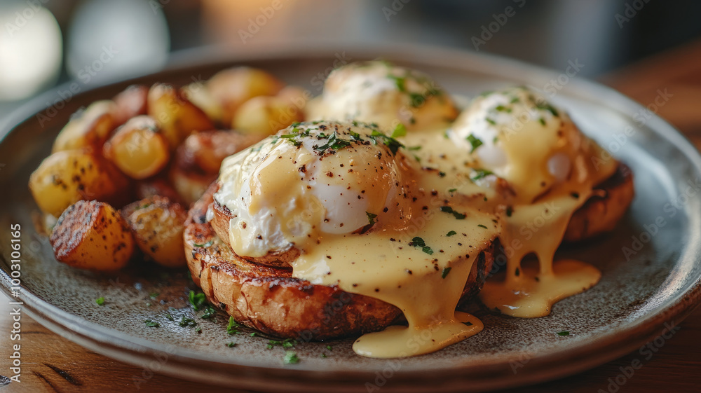 Eggs Benedict with roasted potatoes on a plate. Eggs Benedict with roasted potatoes on a plate.