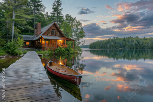 A wooden dock with a house and a canoe on it