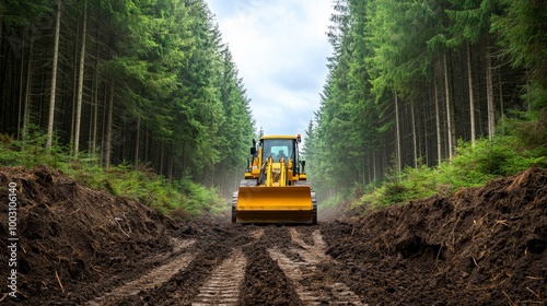 Bulldozer Working in Lush Forest Environment