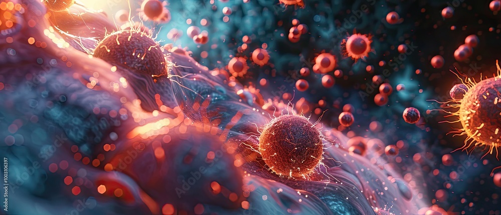 Obraz premium Abstract colorful illustration of swirling particles and spheres.