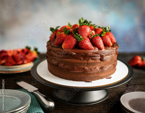  A decadent chocolate cake with layers of rich frosting, topped with fresh strawberries