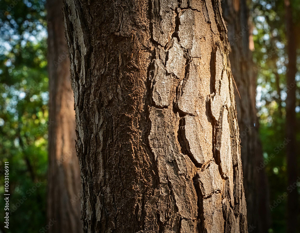 Obraz premium A detailed close-up of cracked tree bark, emphasizing the rough, natural texture. Sunlight f