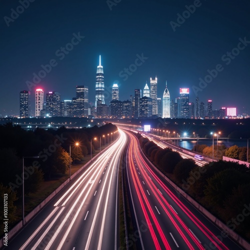 A neon cityscape comes alive under the cover of night with glowing highway lights and urban vibes in a digital art piece that captures the energy and ambiance of late-night driving through the city photo