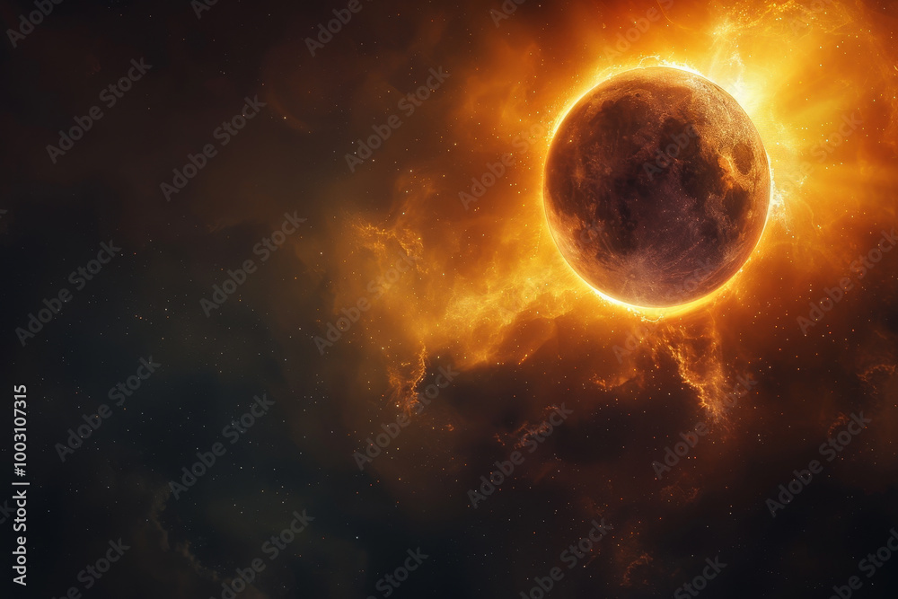A bright orange sun is in the sky, surrounded by a dark background A bright orange sun is in the sky, surrounded by a dark background