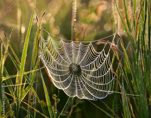 A detailed close-up of dew-covered spiderwebs stretched between tall grass, with each drople photo