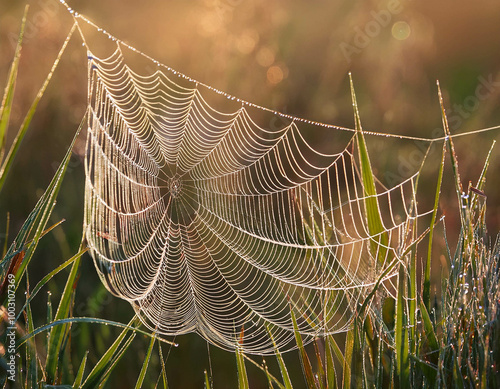 A detailed close-up of dew-covered spiderwebs stretched between tall grass, with each drople photo