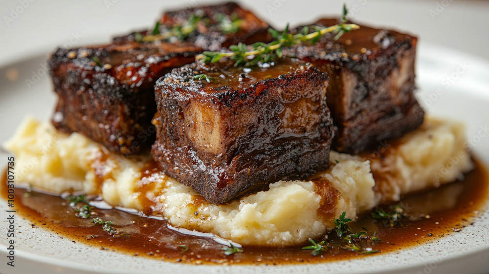 Braised short ribs on mashed potatoes with savory sauce. Braised short ribs on mashed potatoes with savory sauce.