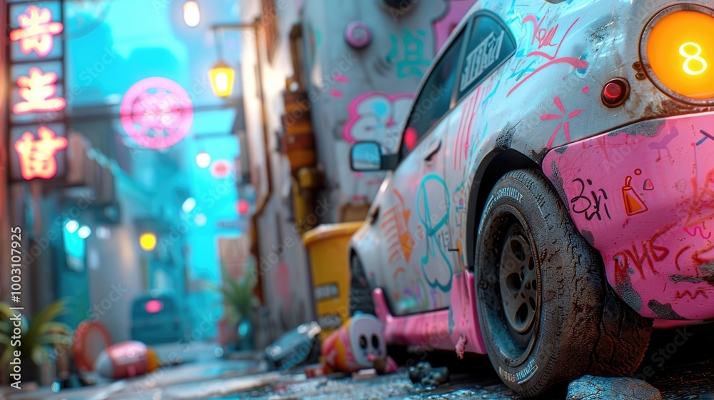 Fototapeta premium Walls adorned with graffiti line a narrow alley illuminated by neon lights and a single lantern in a cyberpunk urban landscape.