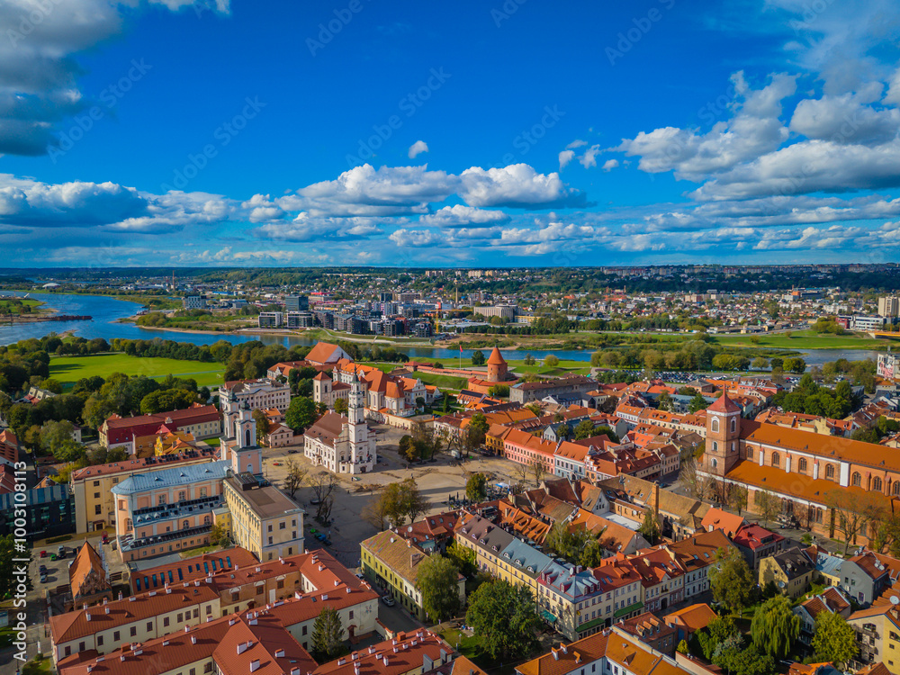 Fototapeta premium Kaunas old town, Lithuania. Panoramic drone aerial view photo of Kaunas city center with many historical buildings