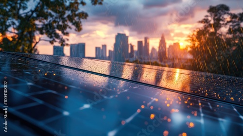 Solar panels are seen on a rooftop, wet with rain, reflecting the early morning sunlight with a city skyline visible in the background, evoking sustainability and renewal. photo