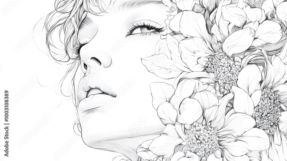 Minimalist Pencil Drawing of a Female Face with Flowers, on White Background, Abstract Image, Texture, Pattern Background, Wallpaper, Cover and Screen of Smartphone, PC, Laptop, 9:16 and 16:9 Format Minimalist Pencil Drawing of a Female Face with Flowers, on White Background, Abstract Image, Texture, Pattern Background, Wallpaper, Cover and Screen of Smartphone, PC, Laptop, 9:16 and 16:9 Format