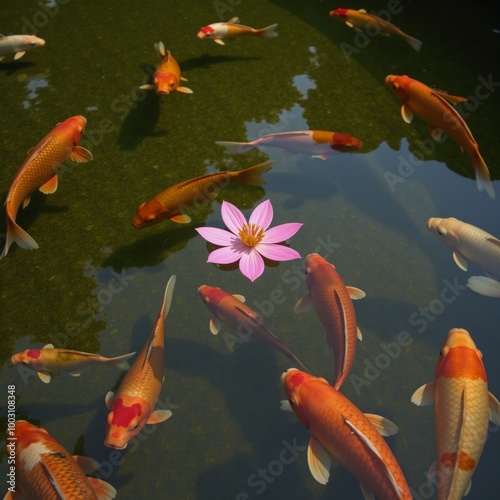 Koi fish swimming in a pond surrounded by pink flowers