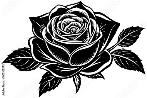 A cute rose silhouette black linocut vector art illustration 