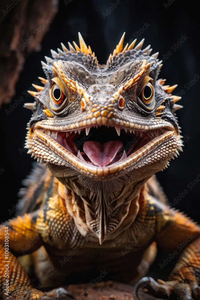 Obraz premium A dramatic close-up of a frilled dragon lizard displaying its open mouth and teeth, creating an intense and captivating portrait. The intricate scales are sharply focused. Generative AI