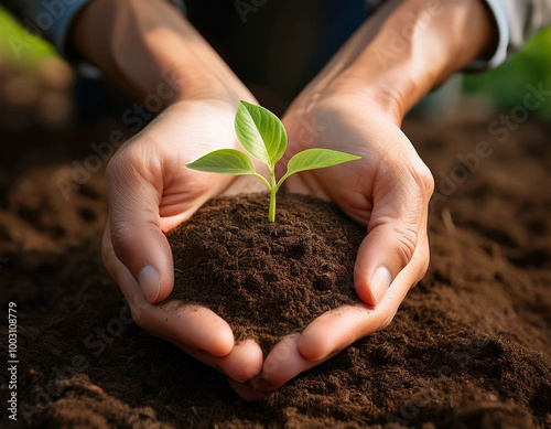 A detailed shot of hands holding a young sprout growing from a bed of rich soil.