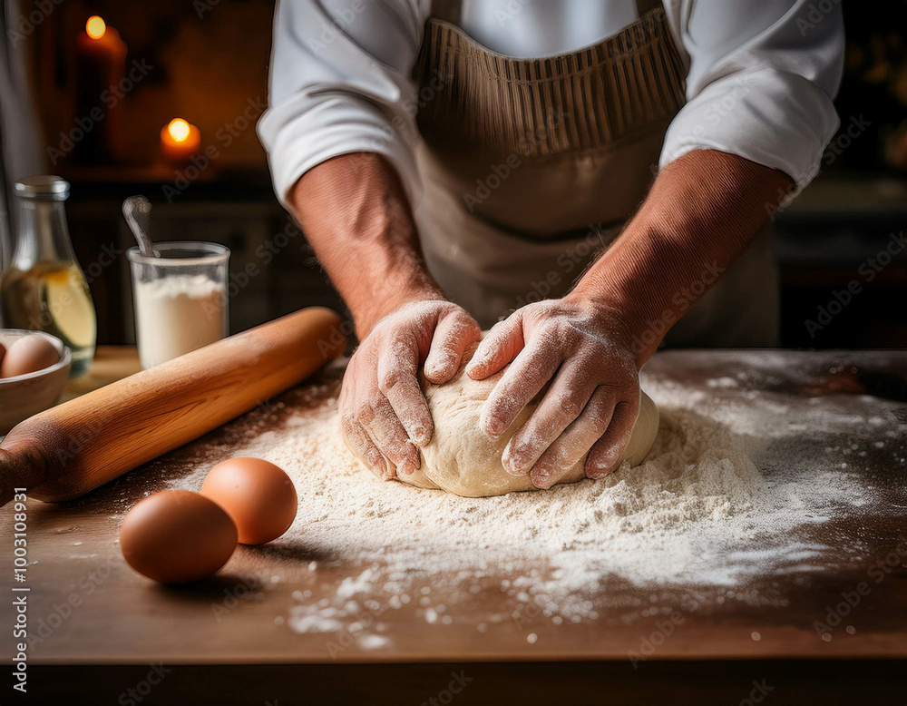 A detailed shot of hands kneading dough on a floured kitchen counter. Freshly cracked eggs A detailed shot of hands kneading dough on a floured kitchen counter. Freshly cracked eggs