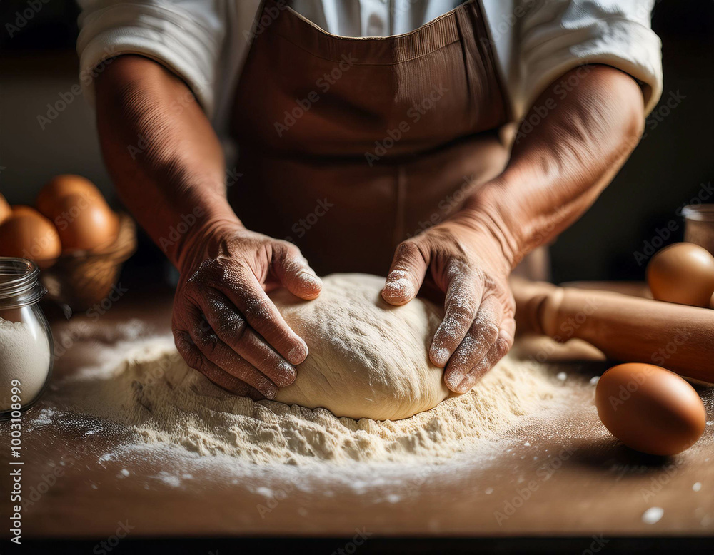 Fototapeta premium A detailed shot of hands kneading dough on a floured kitchen counter. Freshly cracked eggs