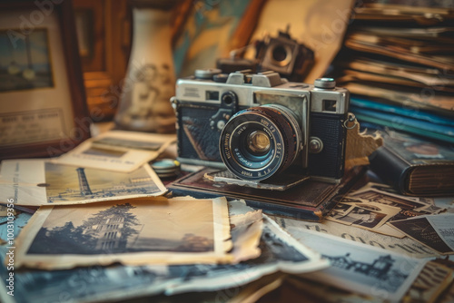 A camera sits on a table with a pile of old photographs