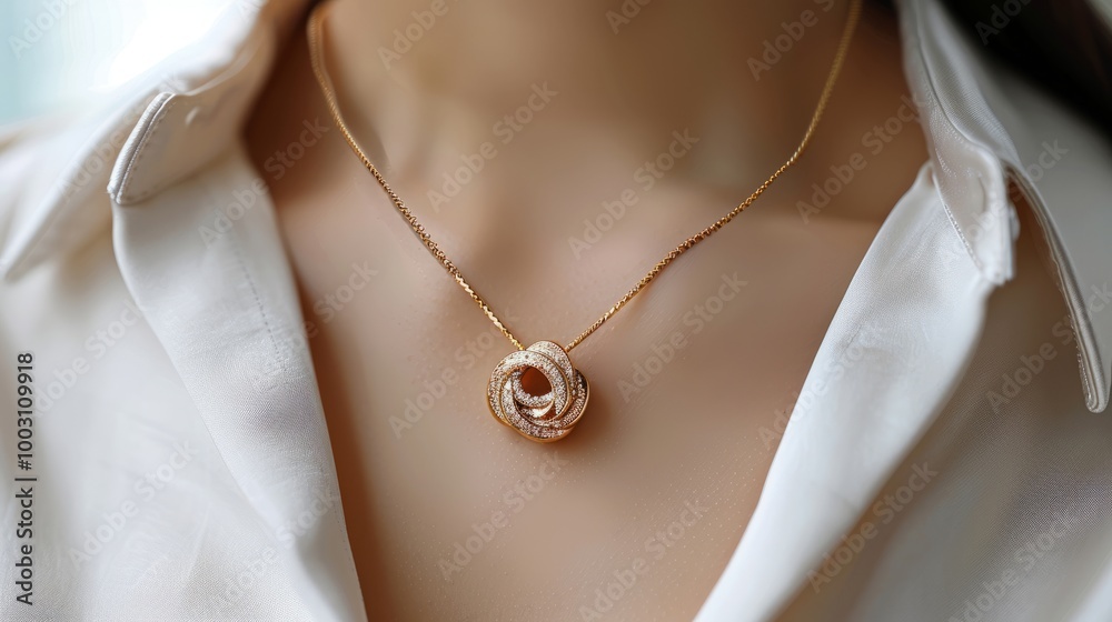 A beautiful gold necklace featuring a delicate intertwined design shines against a model's chest, perfectly complementing a stylish, casual outfit A beautiful gold necklace featuring a delicate intertwined design shines against a model's chest, perfectly complementing a stylish, casual outfit