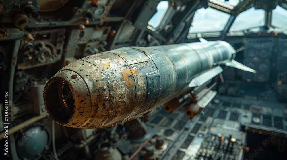 The interior of a military cockpit reveals an old missile, highlighting intricate rusted details and the machinery surrounding it, evoking a sense of history The interior of a military cockpit reveals an old missile, highlighting intricate rusted details and the machinery surrounding it, evoking a sense of history